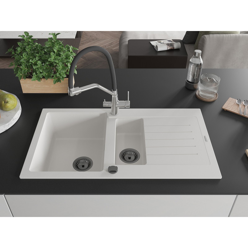 Mexen Matias granite sink 1.5-bowl with drainer and Duo kitchen faucet, white - 6502-20-671701-07-B