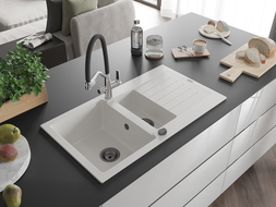 Mexen Matias 1.5-compartment granite sink with a drip tray and kitchen mixer tap Duo, White - 6502-20-671701-07-B