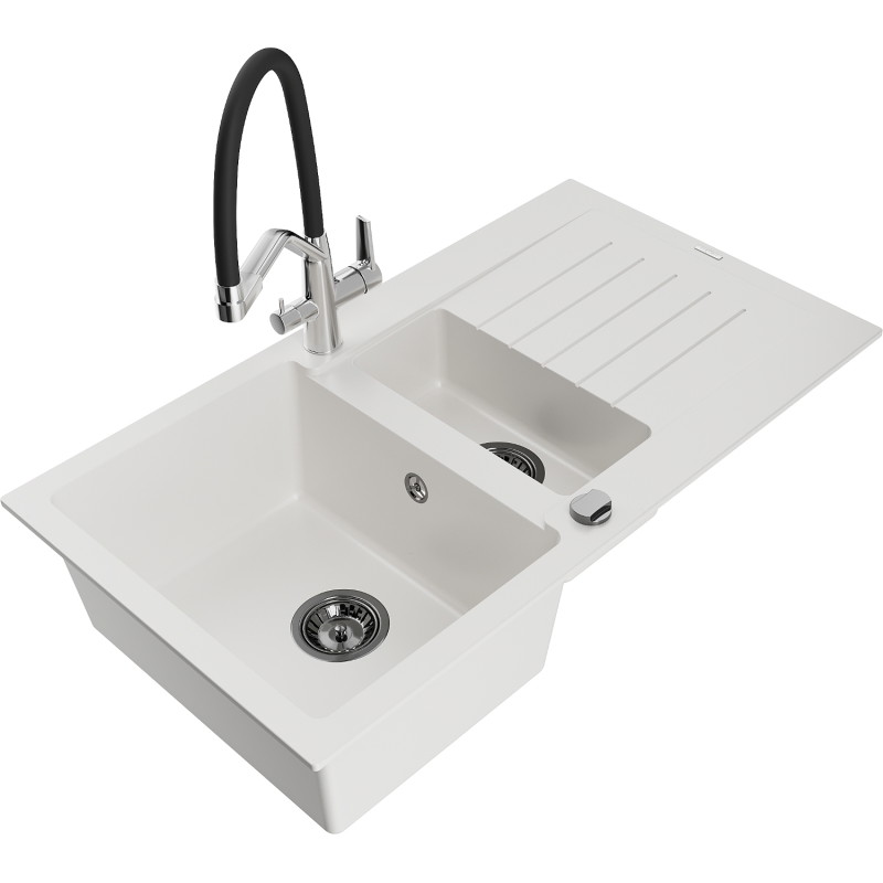 Mexen Matias granite sink 1.5-bowl with drainer and Duo kitchen faucet, white - 6502-20-671701-07-B
