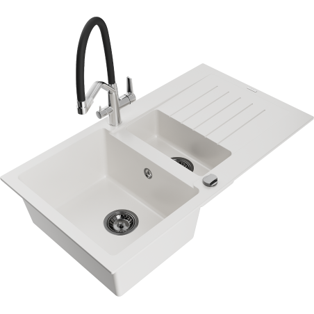 Mexen Matias 1.5-compartment granite sink with a drip tray and kitchen mixer tap Duo, White - 6502-20-671701-07-B