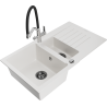 Mexen Matias 1.5-compartment granite sink with a drip tray and kitchen mixer tap Duo, White - 6502-20-671701-07-B