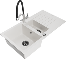 Mexen Matias 1.5-bowl Granite Sink with Drainer and Duo Kitchen Faucet, White - 6502-20-671701-07-B