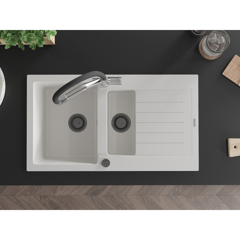 Mexen Matias granite sink 1.5-bowl with drainer and Duo kitchen faucet, white - 6502-20-671701-07-B