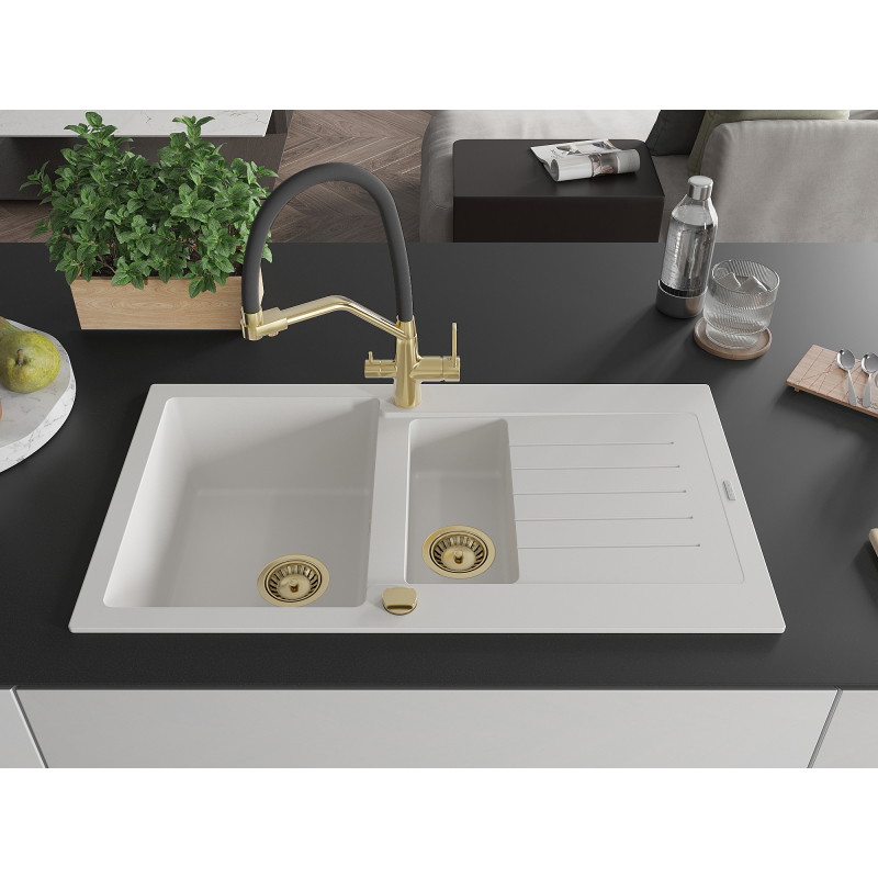 Mexen Matias granite sink 1.5-bowl with drainer and Duo kitchen faucet, white - 6502-20-671701-57-G