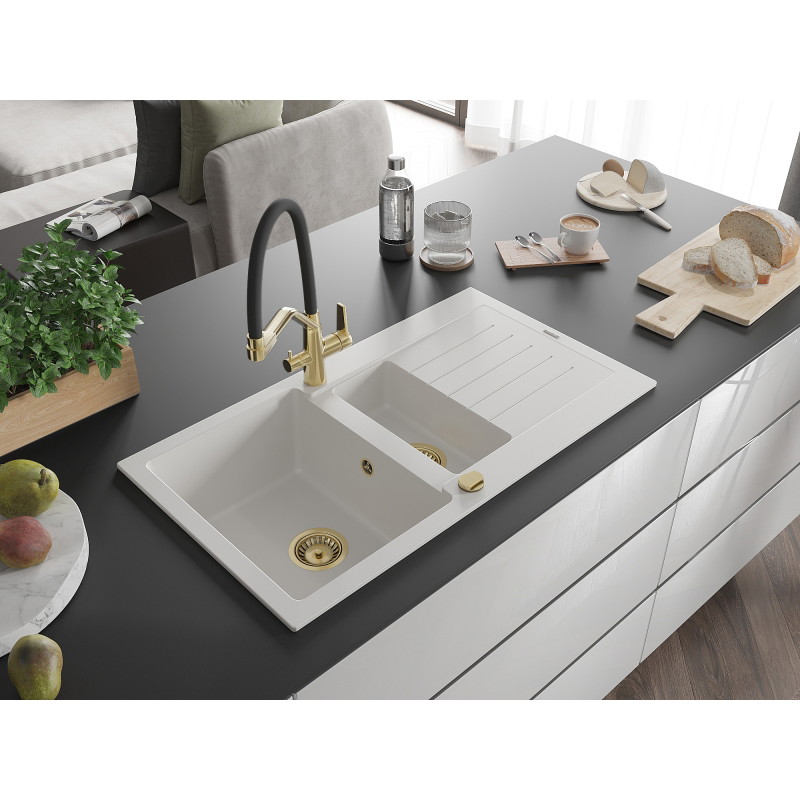 Mexen Matias 1.5-bowl granite kitchen sink with drainer and Duo kitchen faucet, white - 6502-20-671701-57-G