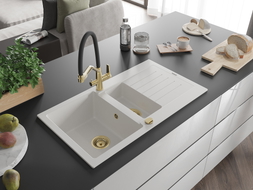 Mexen Matias granite sink 1.5-bowl with drainer and Duo kitchen faucet, white - 6502-20-671701-57-G