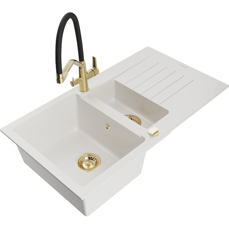 Mexen Matias 1.5-bowl granite kitchen sink with drainer and Duo kitchen faucet, white - 6502-20-671701-57-G