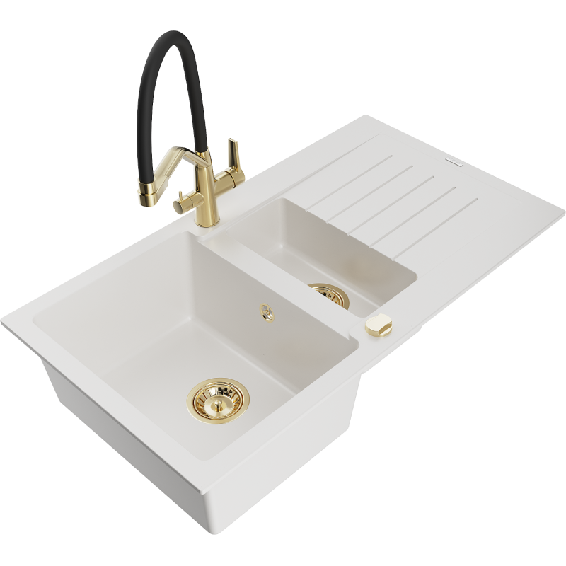 Mexen Matias granite sink 1.5-bowl with drainer and Duo kitchen tap, white - 6502-20-671701-57-G