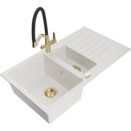 Mexen Matias granite sink 1.5-bowl with drainer and Duo kitchen faucet, white - 6502-20-671701-57-G