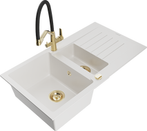 Mexen Matias 1.5-compartment granite sink with a drip tray and kitchen mixer tap Duo, White - 6502-20-671701-57-G