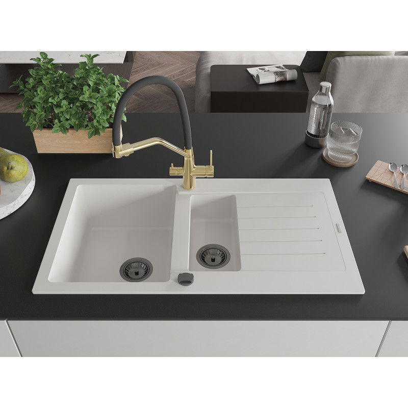 Mexen Matias granite sink 1.5-bowl with drainer and Duo kitchen tap, white - 6502-20-671701-57-B