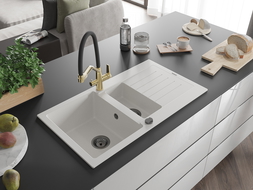 Mexen Matias 1.5-compartment granite sink with a drip tray and kitchen mixer tap Duo, White - 6502-20-671701-57-B