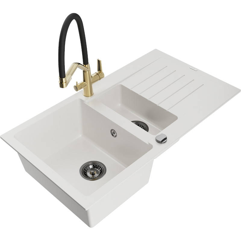 Mexen Matias 1.5-bowl granite sink with drainer and Duo kitchen faucet, white - 6502-20-671701-57-B