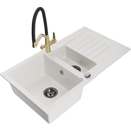 Mexen Matias 1.5-compartment granite sink with a drip tray and kitchen mixer tap Duo, White - 6502-20-671701-57-B