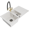 Mexen Matias 1.5-compartment granite sink with a drip tray and kitchen mixer tap Duo, White - 6502-20-671701-57-B