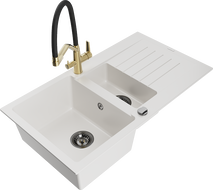 Mexen Matias 1.5-compartment granite sink with a drip tray and kitchen mixer tap Duo, White - 6502-20-671701-57-B
