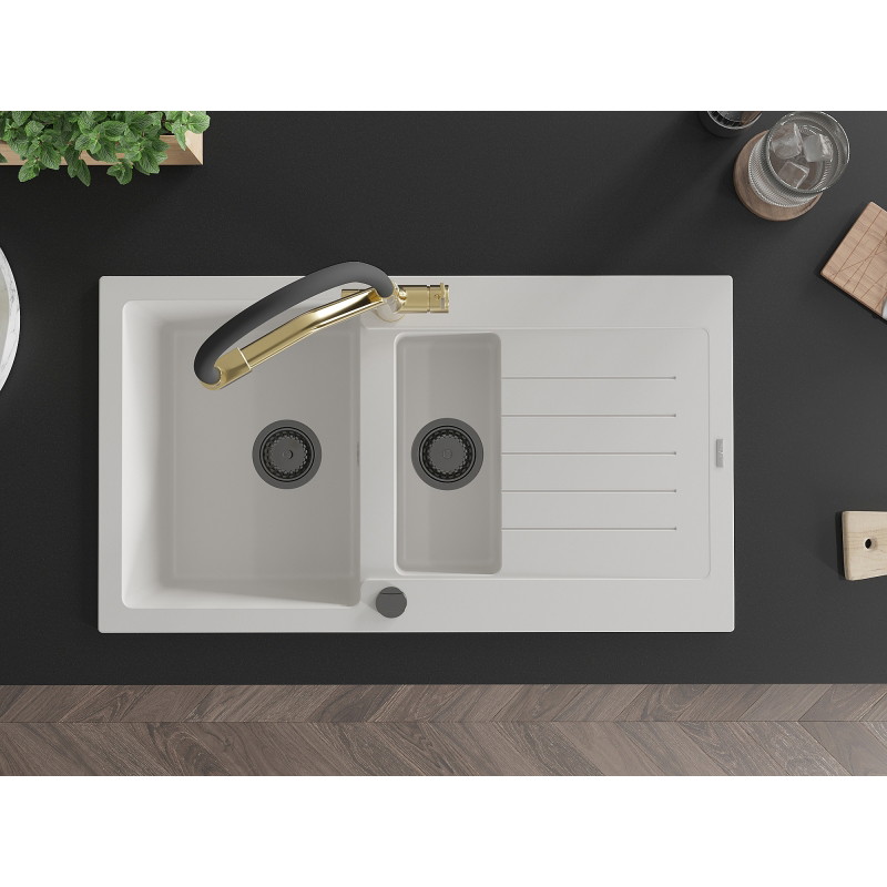 Mexen Matias 1.5-bowl granite sink with drainer and Duo kitchen faucet, white - 6502-20-671701-57-B