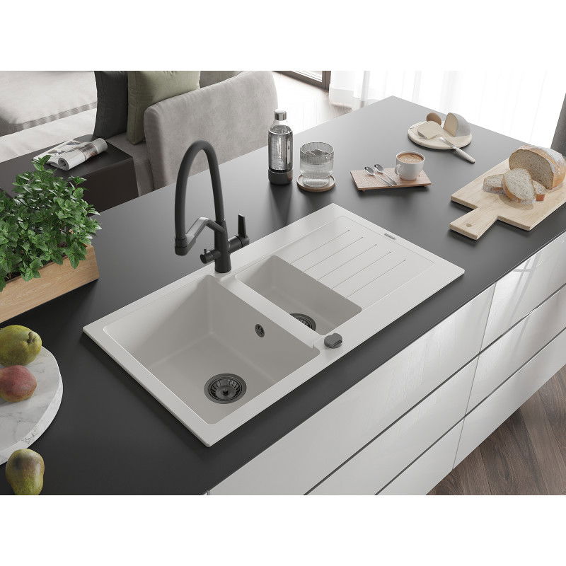 Mexen Matias 1.5-bowl granite sink with drainer and Duo kitchen tap, white - 6502-20-671701-70-B