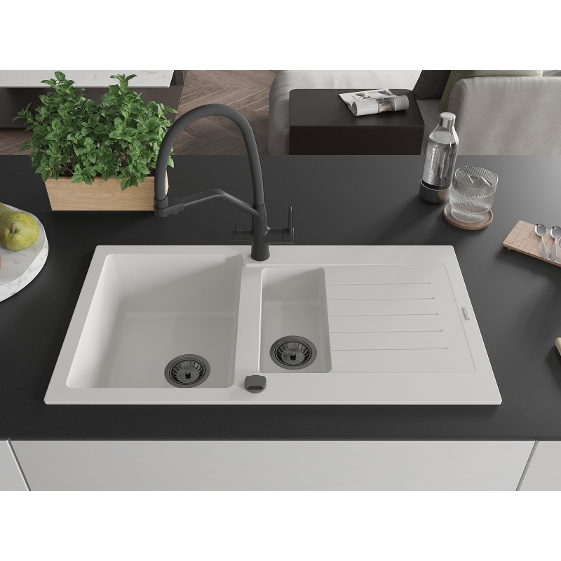 Mexen Matias granite sink 1.5-bowl with drainer and Duo kitchen faucet, white - 6502-20-671701-70-B