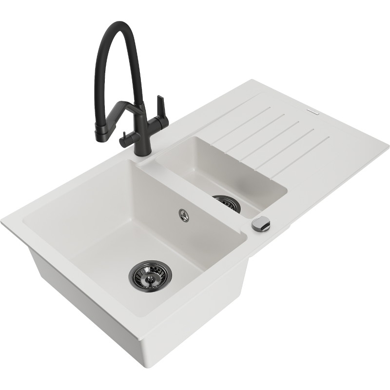 Mexen Matias granite sink 1.5-bowl with drainer and Duo kitchen faucet, white - 6502-20-671701-70-B