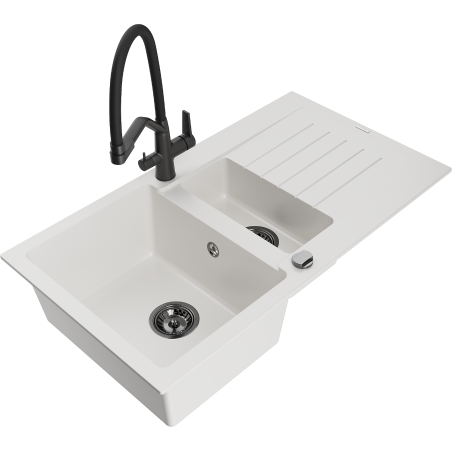 Mexen Matias granite sink 1.5-bowl with drainer and Duo kitchen faucet, white - 6502-20-671701-70-B