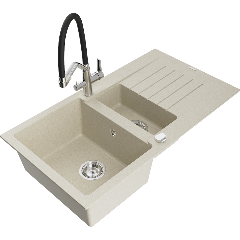 Mexen Matias 1.5-compartment granite sink with a drip tray and kitchen mixer tap Duo, Beige - 6502-69-671701-07