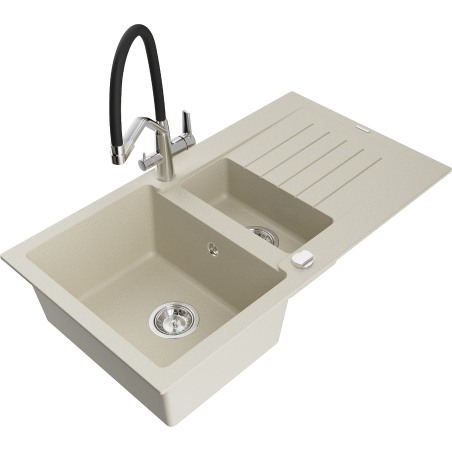Mexen Matias 1.5-compartment granite sink with a drip tray and kitchen mixer tap Duo, Beige - 6502-69-671701-07