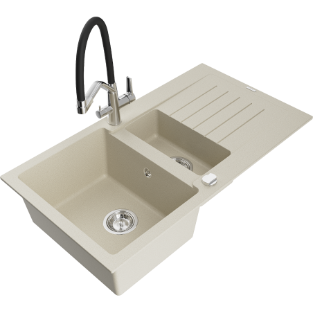 Mexen Matias granite sink 1.5-bowl with drainer and Duo kitchen faucet, beige - 6502-69-671701-07