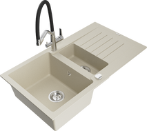Mexen Matias 1.5-compartment granite sink with a drip tray and kitchen mixer tap Duo, Beige - 6502-69-671701-07