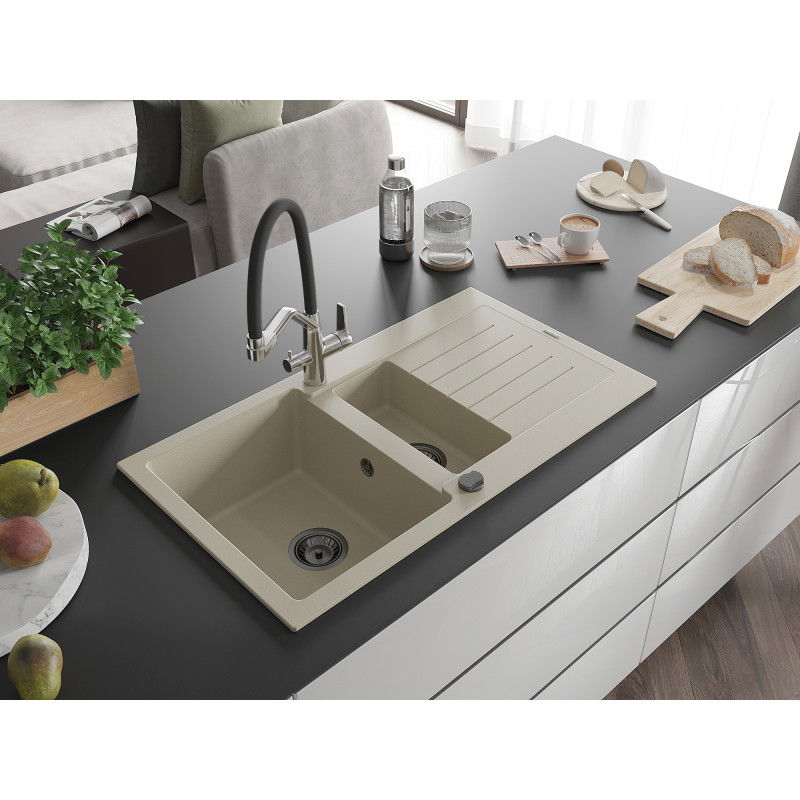 Mexen Matias granite sink 1.5-bowl with drainer and Duo kitchen tap, beige - 6502-69-671701-07-B