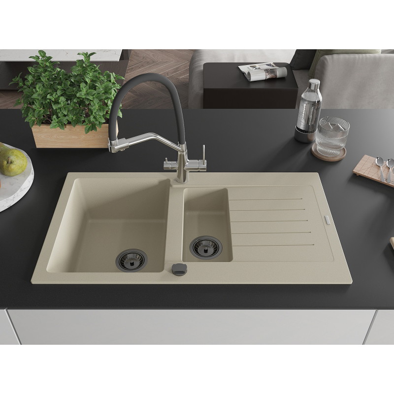Mexen Matias granite sink 1.5-bowl with drainer and Duo kitchen faucet, beige - 6502-69-671701-07-B