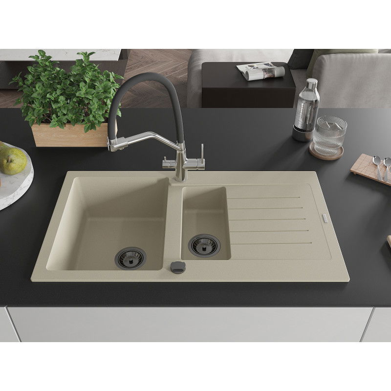 Mexen Matias granite sink 1.5-bowl with drainer and Duo kitchen tap, beige - 6502-69-671701-07-B