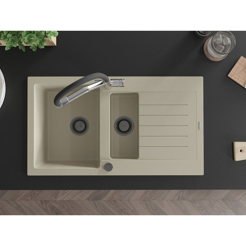 Mexen Matias granite sink 1.5-bowl with drainer and Duo kitchen tap, beige - 6502-69-671701-07-B