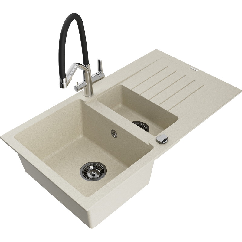 Mexen Matias granite sink 1.5-bowl with drainer and Duo kitchen faucet, beige - 6502-69-671701-07-B