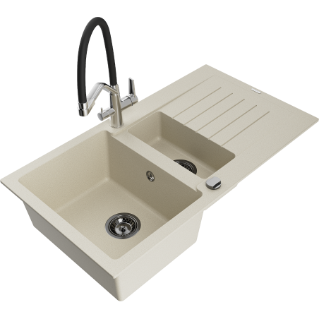 Mexen Matias 1.5-compartment granite sink with a drip tray and kitchen mixer tap Duo, Beige - 6502-69-671701-07-B