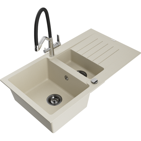 Mexen Matias granite sink 1.5-bowl with drainer and Duo kitchen faucet, beige - 6502-69-671701-07-B