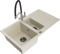Mexen Matias 1.5-bowl granite sink with drainer and Duo kitchen faucet, beige - 6502-69-671701-07-B