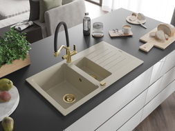 Mexen Matias granite sink 1.5-bowl with drainer and Duo kitchen faucet, beige - 6502-69-671701-57-G