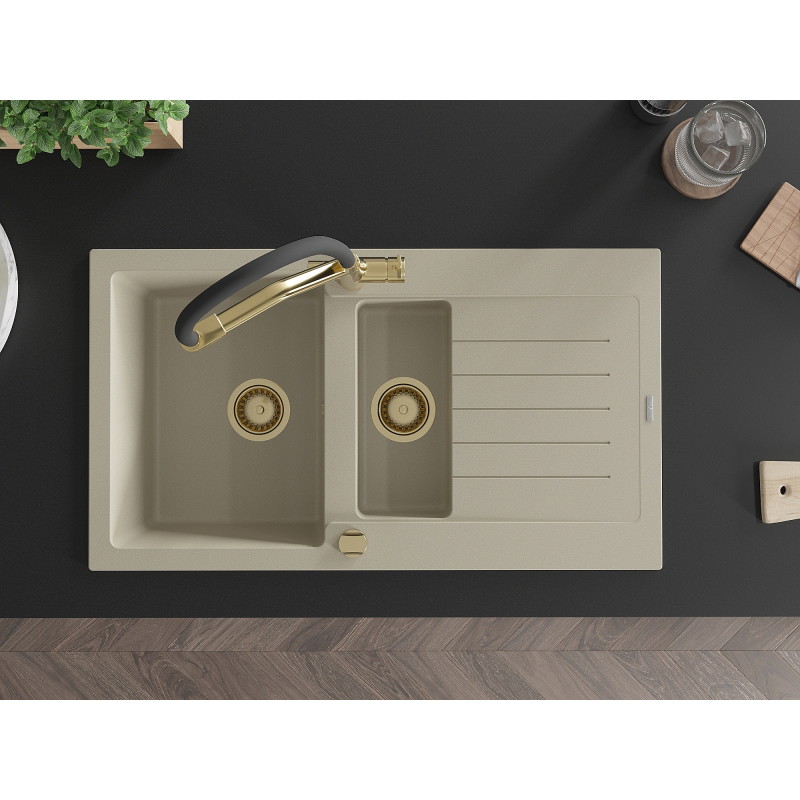 Mexen Matias 1.5-bowl granite sink with drainer and Duo kitchen faucet, beige - 6502-69-671701-57-G