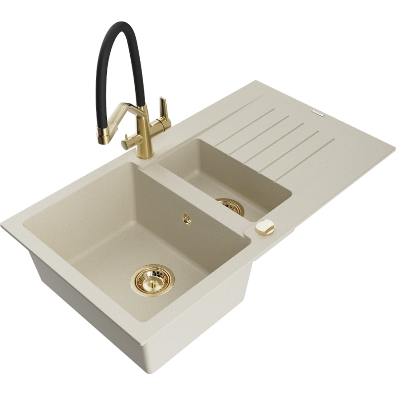 Mexen Matias 1.5-bowl granite sink with drainer and Duo kitchen faucet, beige - 6502-69-671701-57-G