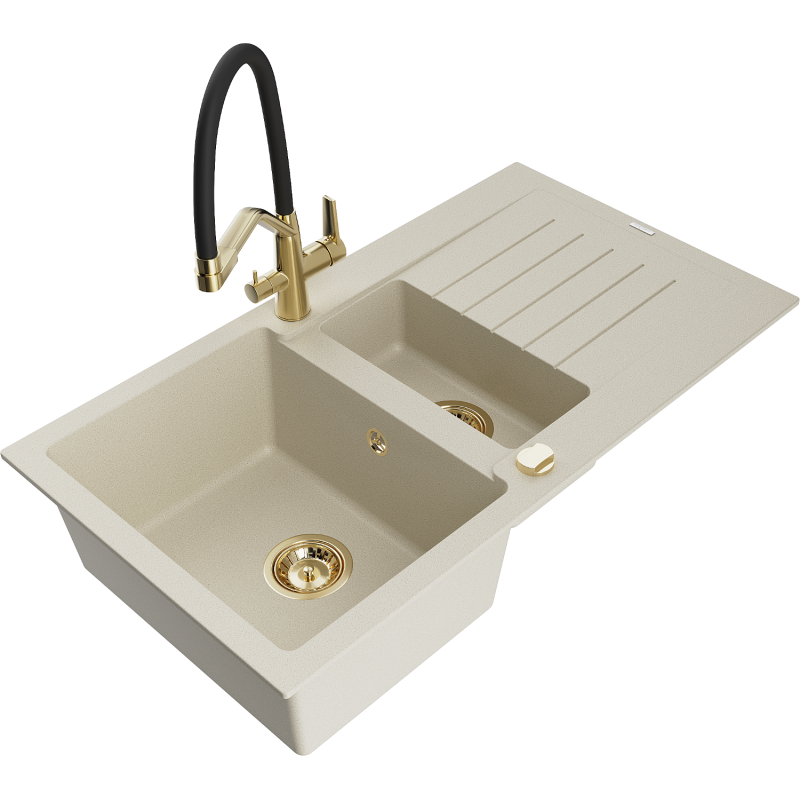 Mexen Matias granite sink 1.5-bowl with drainer and Duo kitchen tap, beige - 6502-69-671701-57-G