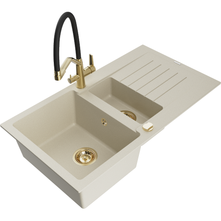 Mexen Matias granite sink 1.5-bowl with drainer and Duo kitchen faucet, beige - 6502-69-671701-57-G