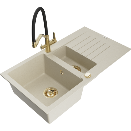 Mexen Matias granite sink 1.5-bowl with drainer and Duo kitchen tap, beige - 6502-69-671701-57-G