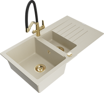 Mexen Matias 1.5-bowl granite sink with drainer and Duo kitchen faucet, beige - 6502-69-671701-57-G