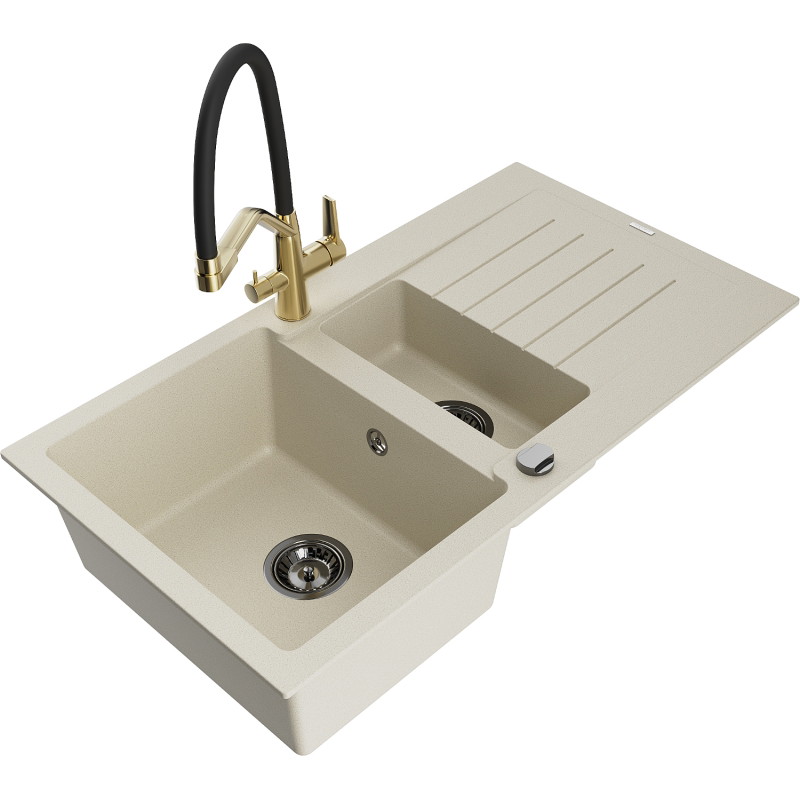 Mexen Matias 1.5-bowl granite sink with drainer and Duo kitchen faucet, beige - 6502-69-671701-57-B
