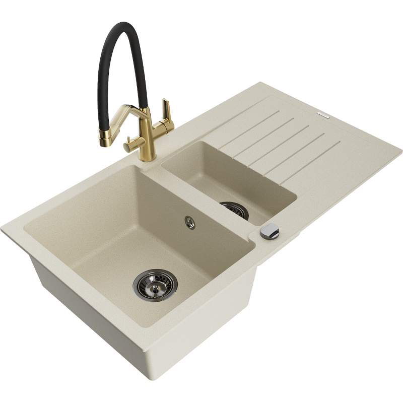 Mexen Matias 1.5-Bowl Granite Sink with Drainer and Duo Kitchen Tap, Beige - 6502-69-671701-57-B