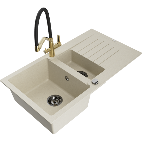 Mexen Matias 1.5-Bowl Granite Sink with Drainer and Duo Kitchen Tap, Beige - 6502-69-671701-57-B