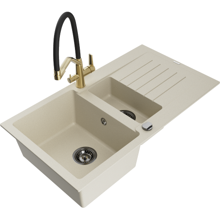 Mexen Matias 1.5-compartment granite sink with a drip tray and kitchen mixer tap Duo, Beige - 6502-69-671701-57-B
