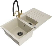 Mexen Matias 1.5-compartment granite sink with a drip tray and kitchen mixer tap Duo, Beige - 6502-69-671701-57-B