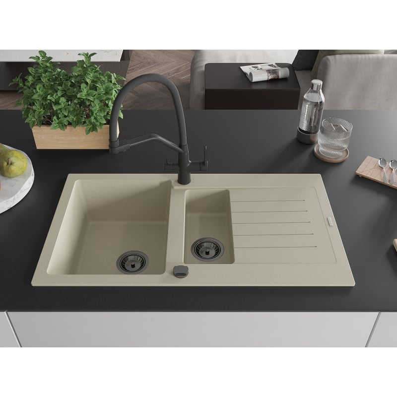 Mexen Matias 1.5-bowl granite kitchen sink with drainer and Duo kitchen faucet, beige - 6502-69-671701-70-B